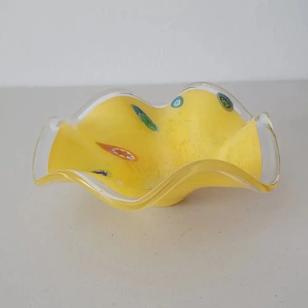 Vintage Style Yellow Art Glass Bowl Ruffled Edge Organic Centerpiece Decor - Picture 3 of 11